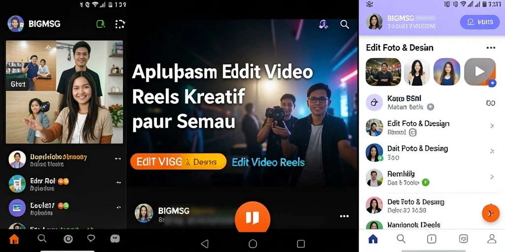 Antarmuka pengguna <strong>BIGMSG</strong> saat mengedit video reels dengan fitur lengkap.